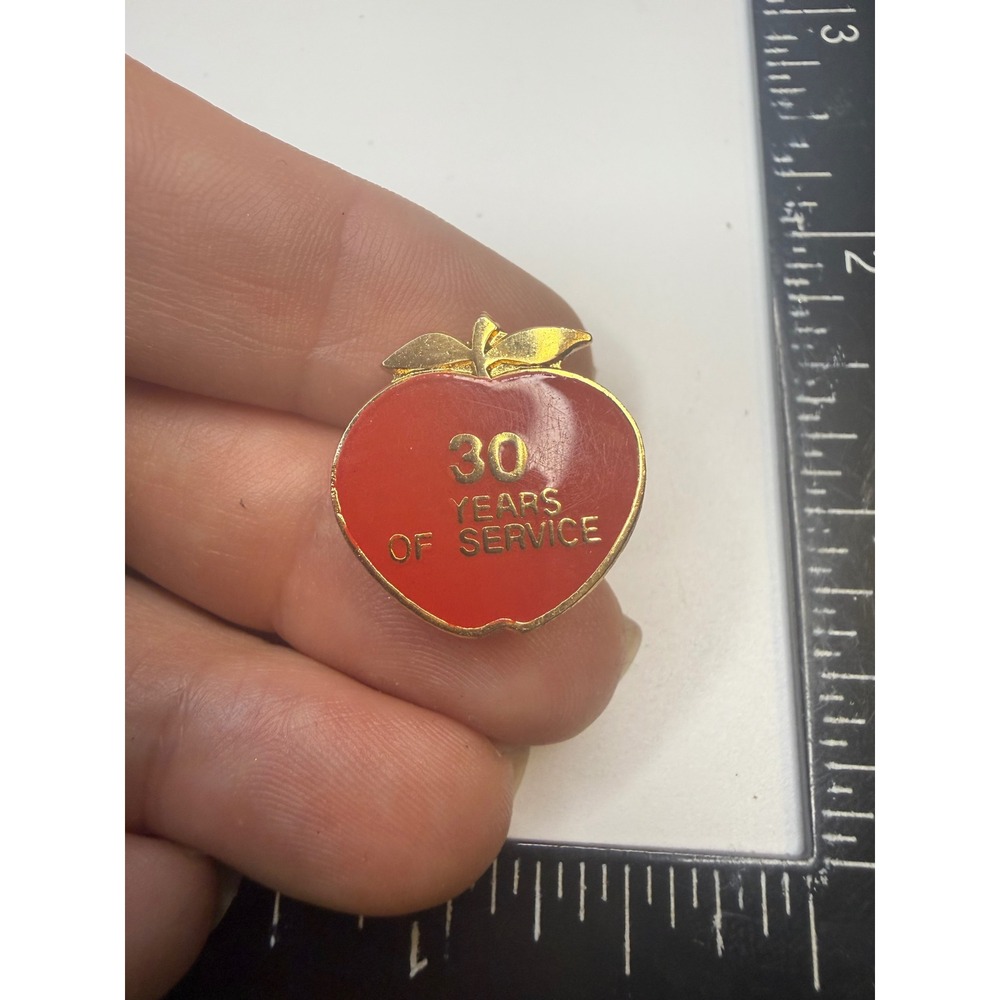 Jostens 30 Years of Service Red Apple Lapel Pin Gold Tone Enamel Career Award